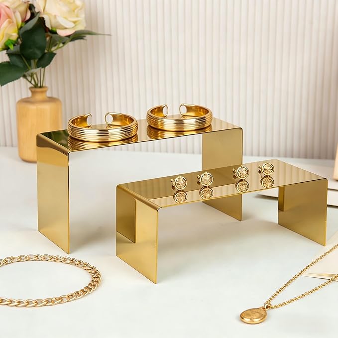 Purse Display Stand, 3pcs Gold Risers Display Stands Stainless Steel, Heavy Duty 22lb Countertop Shoes Stand Handbag Tiered Risers for Home Boutique Retail Store Vendor Display Bags Perfume Jewelry Craft