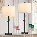 Kondras Table Lamp for Bedroom Set of 2, 23" to 30" Height Adjustable Bedside Lamp with 2 USB Ports, Black Nightstand Lamp with White Shade, Modern Pull Chain Table Lamp for Living Room End Table