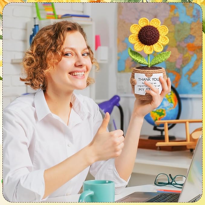 Wavwavw 3 Pack Teacher Appreciation Gift Positive Flower Handmade Crochet Doll Thank You for Helping Me Grow Gifts Back to School Gifts for Women Teacher(Puzzle Sunflower)