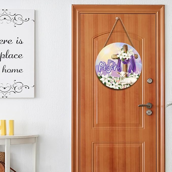 He is Risen Easter Religious Cross Sign for Front Door 12"x12" Spring Sunrise Lamb Door Hanger for Outdoor Outside Porch Christian Lily Flowers Wooden Wreath Easter Wall Hanging Decoration for House