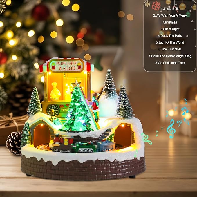 WONDER GARDEN Christmas Village Houses-Christmas Houses Village - Lighted Colorful Musical Popcorn Wagon Collectible Buildings with Moving Train for Home Indoor Decor or Gift