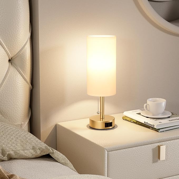 Fenmzee Gold Bedside Table Lamps Set of 2-3 Color Temperatures Pull Chain Lamp with AC Outlet Charging Port, Two Round Night Stand Lamps for Bedroom Office Living Room