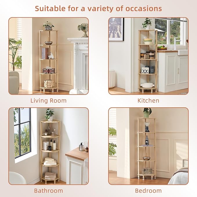 YUFAM 5-Tier Corner Shelf with Sturdy 5-Leg Base, Wooden Corner Bookshelf for Small Spaces, Corner Standing Shelf for Living Room, Bedroom, Bathroom, Natural