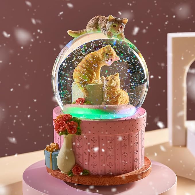 LOVE FOR YOU Gift Wrapped Music Box Cat Lovers Flower Basket Musical Snow Globe Decoration for Girls and Women Kids Niece Sister Daughter Mom Granddaughter Grandma Christmas Birthday Present