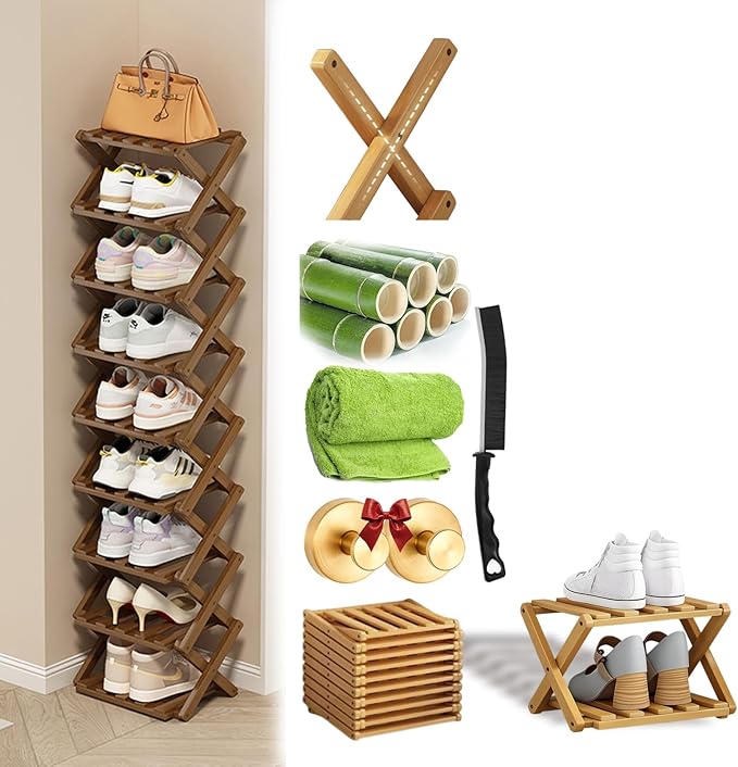 Foldable Shoe Rack, 2 - 9 Tier No-Tool Assembly Bamboo Organizer with Anti-Wobble X-Design for Small Spaces, Sturdy Vertical Storage Shelf for Entryway, Closet, Apartment & Dorm (Yellow,2 Layers)
