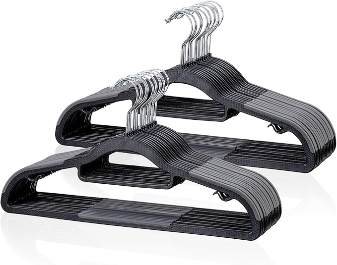 Heavy Duty Plastic Clothes Hangers, Space Saving Hangers 30 Pack, Non-Slip, 0.2 Inches Slim, 360° Swivel Silver Hook for Shirts, Pants & Wet/Dry Garments, Black and Dark Gray