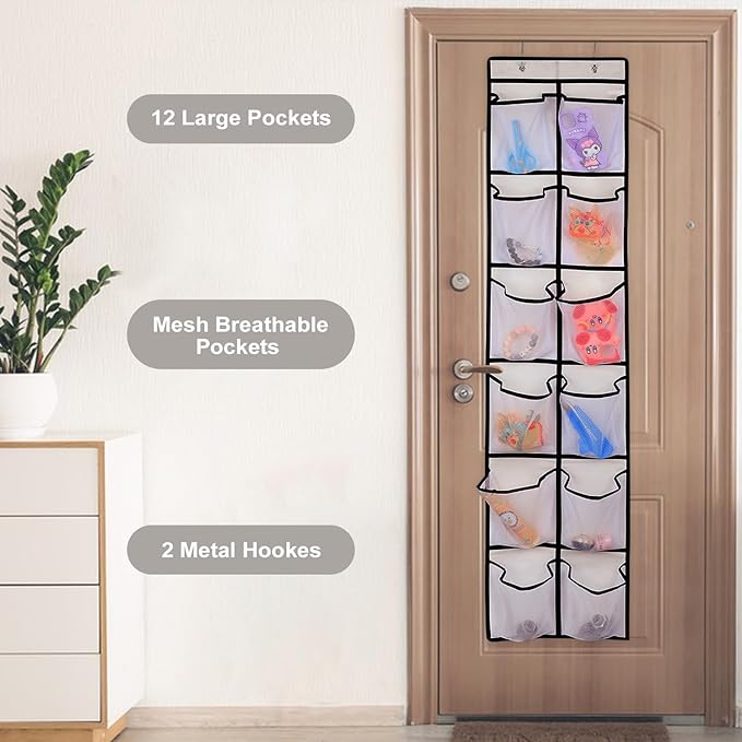 12 Large Pockets Over Door Hanging Shoe Organizer, White
