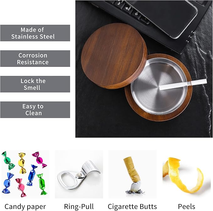Wooden Ashtray with Lid for Smokers Stainless Steel Liner Ash Tray Windproof Durable Easy to Clean Cool Ashtrays for Indoor or Outdoor Use, Patio, Office & Home