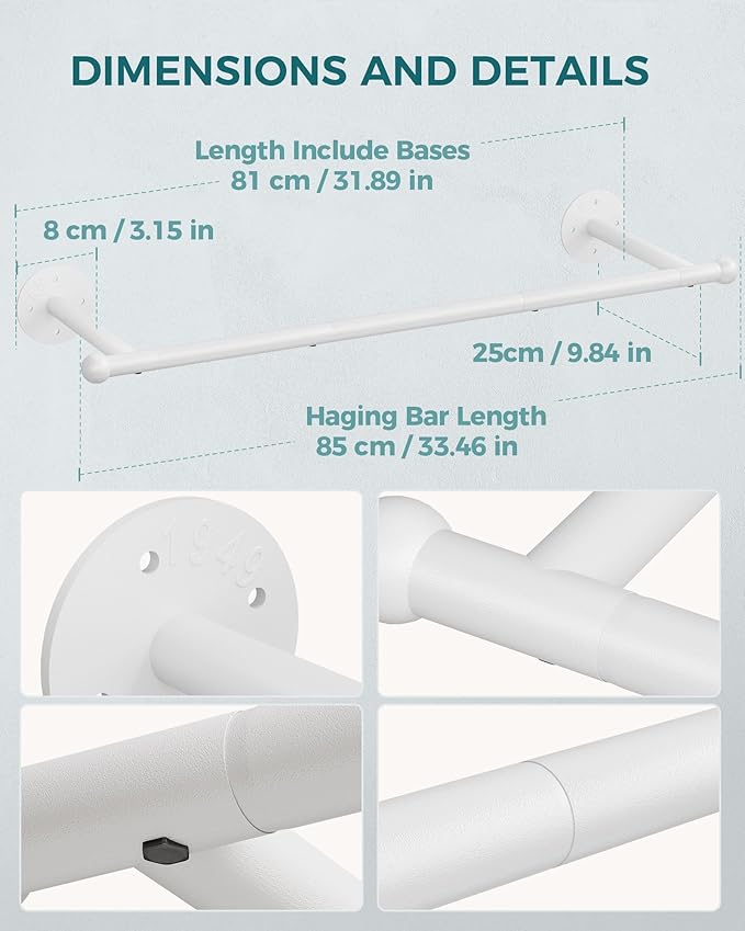 OROPY Industrial Pipe Clothing Rack Set of 2, Wall Mounted Clothes Rack, Closet Rods For Hanging Clothes, 33" Multi-purpose Hanging Rod for Laundry Room, Bedroom and Closet Storage, White