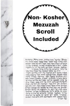 A&S Mezuzot Aluminum Mezuzah Case with 3D Painted Shin Design Easy Peel and Stick Judaica Door Mezuza for Parchment Scroll (White Marble, 6 Inches)