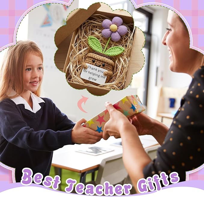 Wavwavw 3 Pack Teacher Appreciation Gift Positive Flower Handmade Crochet Doll Thank You for Helping Me Grow Gifts Back to School Gifts for Women Teacher(Cute Flower)