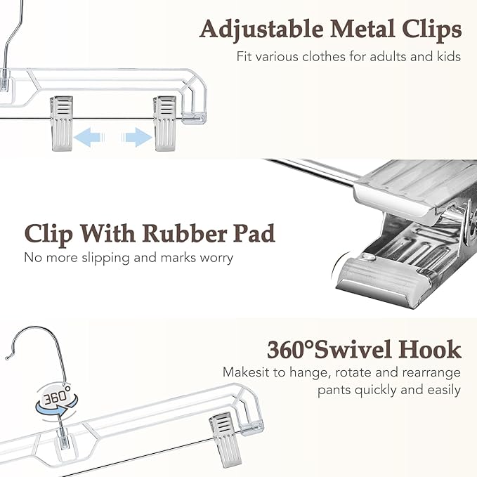 HOUSE DAY Clear Pants Hangers with Clips 200 Pack, Non-Slip Plastic Skirt Hanger with Adjustable Clips, Slim Clip Hangers for Pants, Skirts, Shorts, 14" Clear Hanger, 360-Rotating Swivel Hook