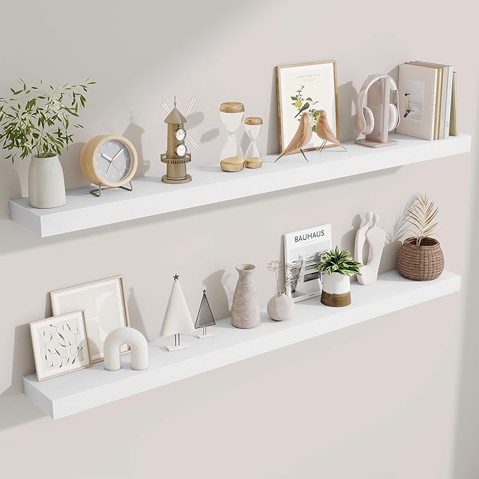 Fun Memories 55 Inch Floating Shelves Bedroom, Large Extra Floating Shelf Set of 2 with Invisible Brackets, White