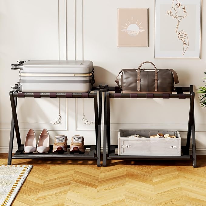 26.77" L Luggage Rack for Guest Room - Set of 2 Full Assembled Luggage Rack Stand for Suitcases, Foldable Luggage Holders with Shoe Shelf for Bedroom, Hotel (Black Bamboo Suitcase Stands)