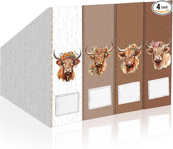 AmazingSpark Set of 4 Highland Cattle Magazine Holder Decorative Foldable Magazine Storage Boxes with Acrylic Label holders coquettish Boho organizer for office home Organization Storage