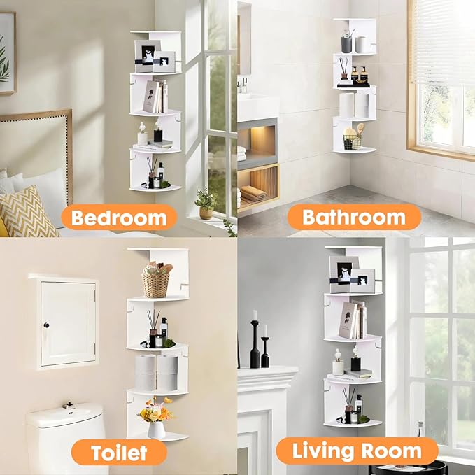 ShellKingdom Corner Shelf Wall Mount, 5 Tier Corner Bookshelf, Floating Display Shelves for Home, Living Room, Bedroom, Office, Bathroom, Small Spaces Decorations, 7.87 X 7.87 X 33.46 INCHES (White)