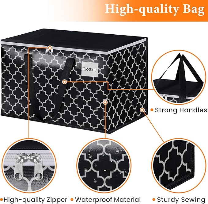 HomeHacks Heavy Duty Moving Bags with Tag Pockets, Collapsible Storage Totes for Moving, Camping & Travel -Foldable Packing Boxes, Zipper Handles, Black（10 Packs, 125L）