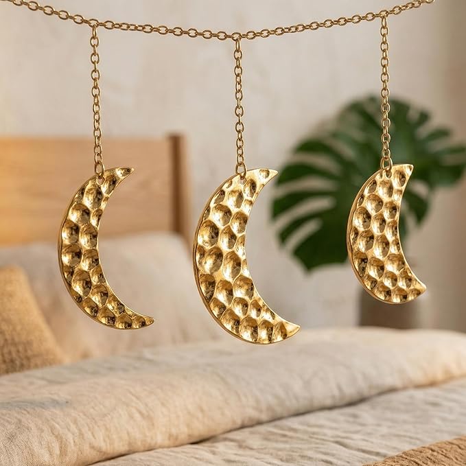 opulinea Moon Phase Garland Gold Hammered Metal - Celestial Boho Wall Hanging Decor Moon Phases Ornament for Bedroom Aesthetic Above Bed Living Room Home Decor