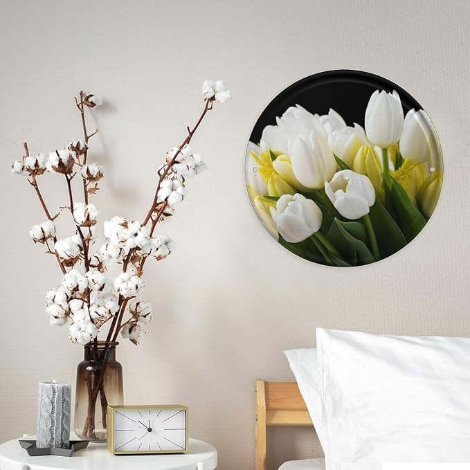 Wall Picture, with Different Flowers Printed Circular Iron Hanging Picture,Wall Art Decor,Home for Bedroom Living Room Bathroom Decor,Iron Painting 11.8X11.8 in