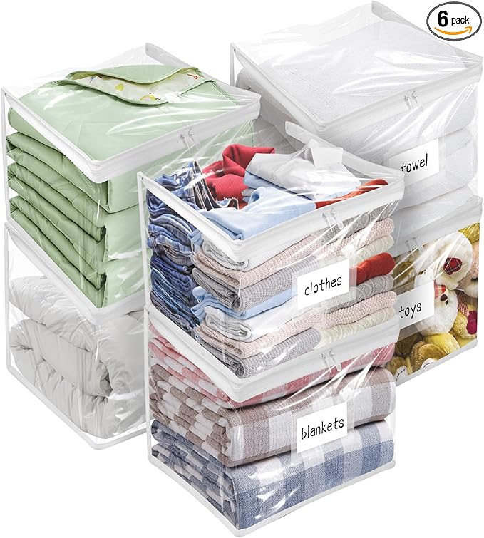 Kikerike Plastic Storage Bags with Easy-Glide Zipper, Pack of 6, Durable Clear Vinyl Zippered Storage Bags for Clothes Sweaters Comforters Blankets Sheets Bedding (12 x 12 x 12 Inch)