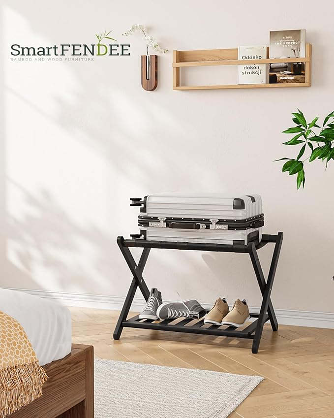 2 Packs Fully Assembled Black Bamboo Luggage Racks with Shoe Shelf, 5 Straps Folding Suitcase Stand, Heavy Duty Luggage Holders for Guest Room, Bedroom, Hotel
