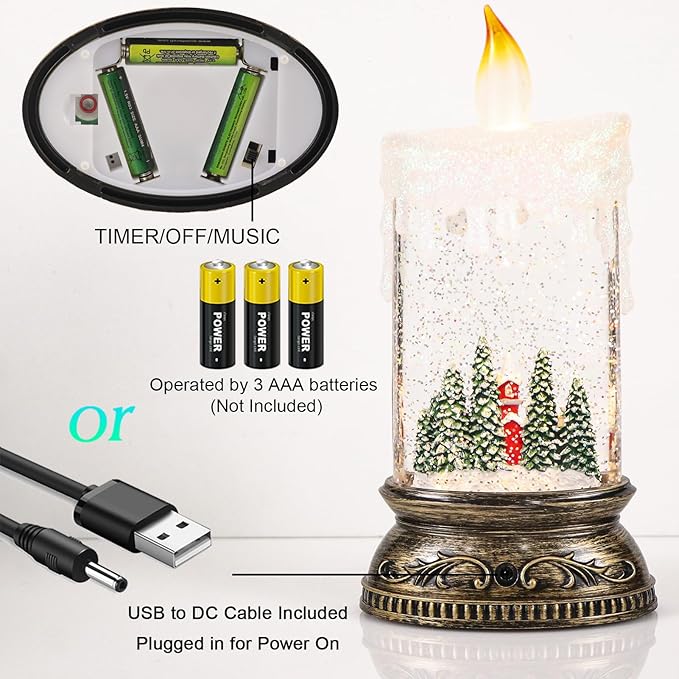 Christmas Snow Globe Candle with Timer & Music, Snowy Cabin Scene, Swirling Glittering Candle Shaped Snow Lantern, USB/Battery Operated Lighted Lantern for Christmas Decoration