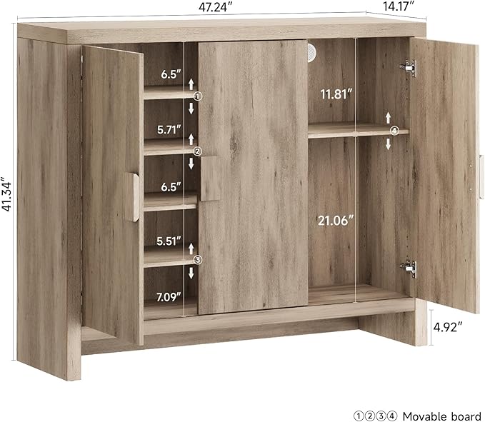 ONBRILL Shoe Cabinet with 3 Doors, 30 Pairs Shoe Storage Cabinet with Adjustable Shelves & Ventilation Hole Design, 47'' Wide Shoe Rack Shoe Organizer Cabinet for Entryway Living Room (Light Gray)