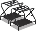 Luggage Rack Set of 2, Foldable Suitcase Stand with Fabric Storage Shelf Easy Assemble Metal Luggage Holder with Straps for Guest Room Bedroom Hotel, Black