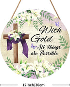 With Gold All Things are Possible Easter Front Door Sign Religious Cross Lily Flowers Wood Door Hanger Outdoor Outside Porch Decor Christian Lily Flowers Wooden Wreath Wall Hanging Decoration 12"x12"
