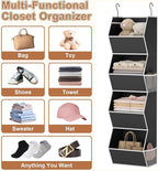 Hanging Closet Organizer 4 Shelf Collapsible Bedroom Closet Organizers and Storage Hanging with Mesh Pocket for Clothes, Closet Hanging Organizers and Storage for Fabric Wardrobe Space Saver, Black