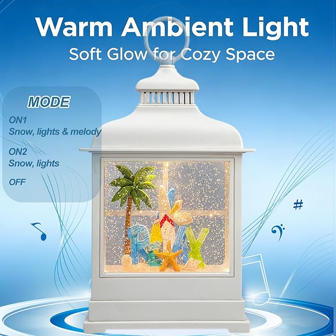Tropical Beach Vacation Themed Snow Globe Lantern with Music - USB or Battery Powered Light Up Water Lantern with Surfboard Swirling Glitter Water Globe Costal Ocean Decor (Coconut Tree)