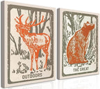 Framed Forest Deer Bear Canvas Wall Art Set of 2, Nursery Wildlife Animal Pictures Wall Decor, Outdoor Nature Woodland Hunting Paintings Prints Farmhouse Home Decor for Kid's Room Bedroom 12x16 inch