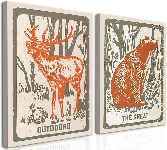 Framed Forest Deer Bear Canvas Wall Art Set of 2, Nursery Wildlife Animal Pictures Wall Decor, Outdoor Nature Woodland Hunting Paintings Prints Farmhouse Home Decor for Kid's Room Bedroom 12x16 inch