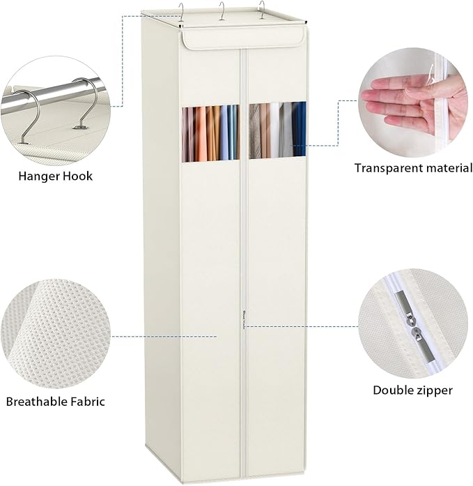 Zilink Long Dress Bag for Hanging Clothes 65" Dress Bags for Gowns Long with Clear Window Space Saving Dress Storage Bags Hanging for Long Dresses, Winter Coat, Trousers, Fur, Beige