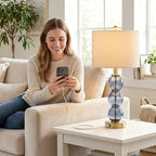 Oneach 25" Blue Table Lamps for Living Room, Glass Modern Table Lamp Set of 2, USB Charging Ports, Linen Shade, Bedside Lamps for Bedroom, Nightstand, Side Table