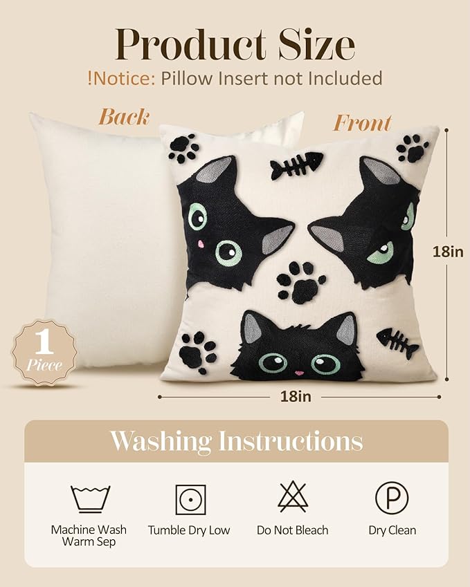 Embroidered Throw Pillow Cover 18x18 Inch - Spring Summer Boho Decorative Pillow Cover with Zipper for Living Room Couch Sofa Bed Aesthetic Design Three Cat Bone Cushion Pillowcase
