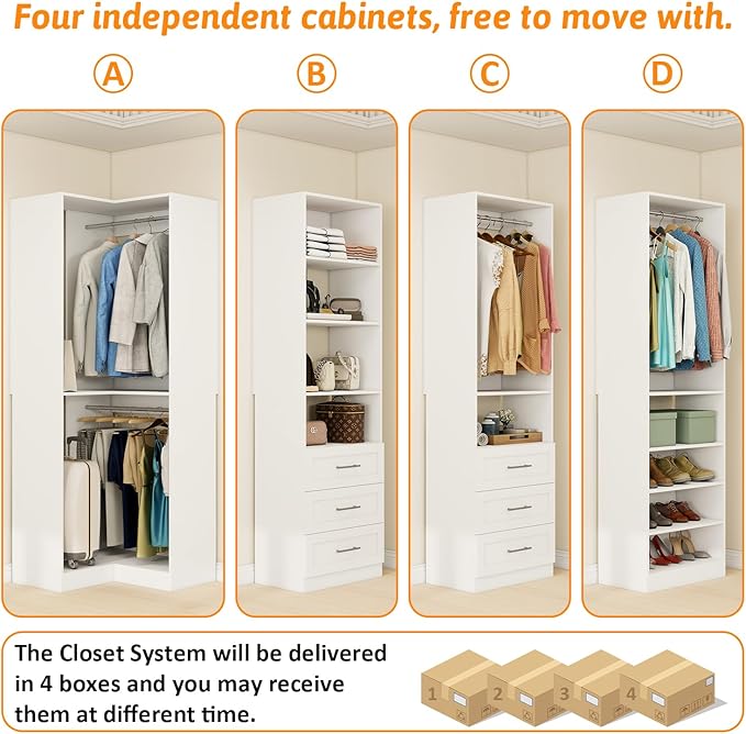 Closet System with 4 sets, 101.9" Closet Organizer Systems with 6 Drawers & 8 Hanging Rods & Adjustable Shelves, Walk in Closet Standing Closet System, Corner Closet System Set, White