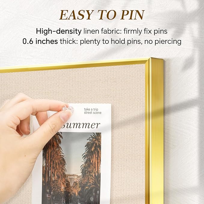 Linen Bulletin Board 36" x 24", Fabric Pin Board with Gold Aluminum Frame, Decorative Vision Board for Home Office, Bedroom & Dorm Wall Decor, Includes 10 Push Pins, Beige