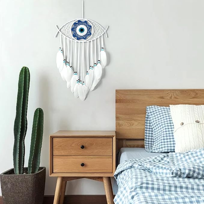 Dremisland Evil Eye Dream Catcher-White Dream Catchers Handmade Feather Evil Eye Wall Hanging Ornament Home Decoration for Bedroom Livingroom Yard, Blessing Craft Gift Bring Good Luck (Pure White)
