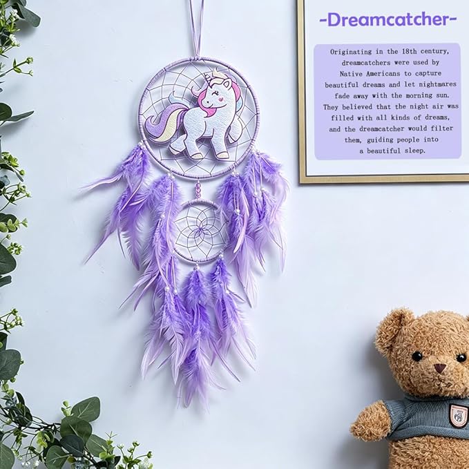 Handmade Dream Catcher, Animal Design Feather Dream Catchers Wall Decoration, Art Craft Feather Wall Decor for Home, Gift for Girls Kids Women (Purple)