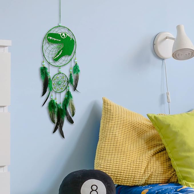 Basumee Dream Catcher for Kids Feather Dream Catchers Handmade Home Decor Wall Hanging with Double Ring for Nursery Bedroom Boys Room, Green Dinosaur