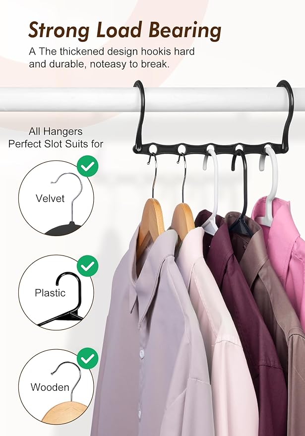HOUSE DAY Closet Organizers and Storage 6 Pack, College Dorm Room Essentials, Multifunctional Organizer Magic Space Saving Hangers with 5 Holes, Storage Organization for Wardrobe Closet - Black