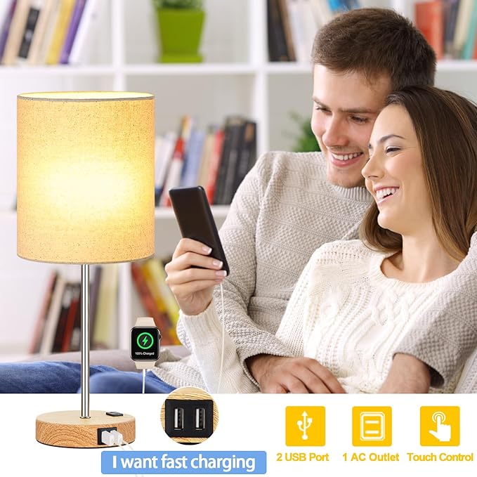 Lynnoland Set of 2 Touch Wood Table Lamps, Bedroom Lamps with 2 USB AC Outlet, 3-Way Dimmable Bedside Nightstand Lamps for Bedroom Living Room Nursery, 800 Lumens 2700K Bulbs Included