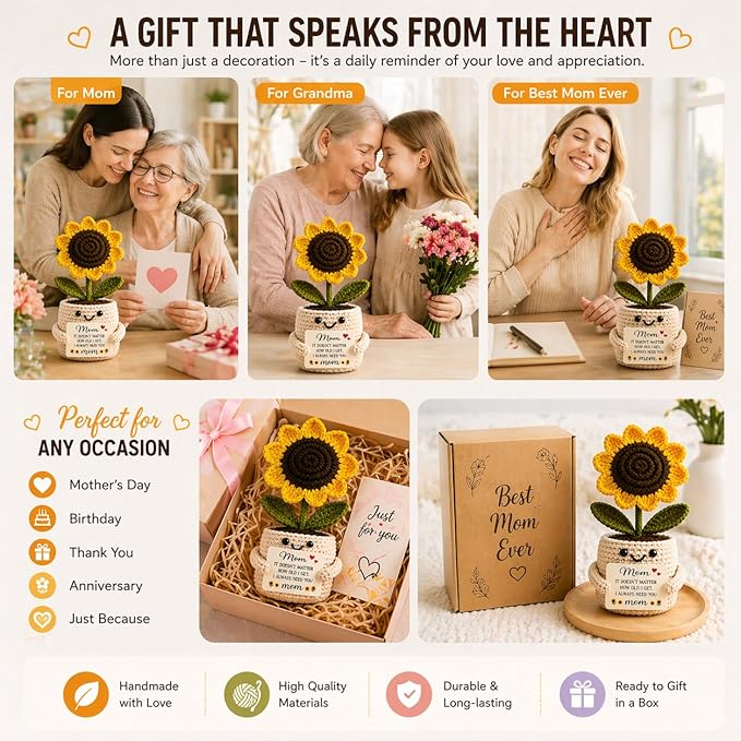 Velyra Crochet Sunflower Pot for Mom, Handmade Knitted Flower with Message Card, Cute Desk Decor, Mother’s Day Birthday Present for Grandma, Women Keepsake
