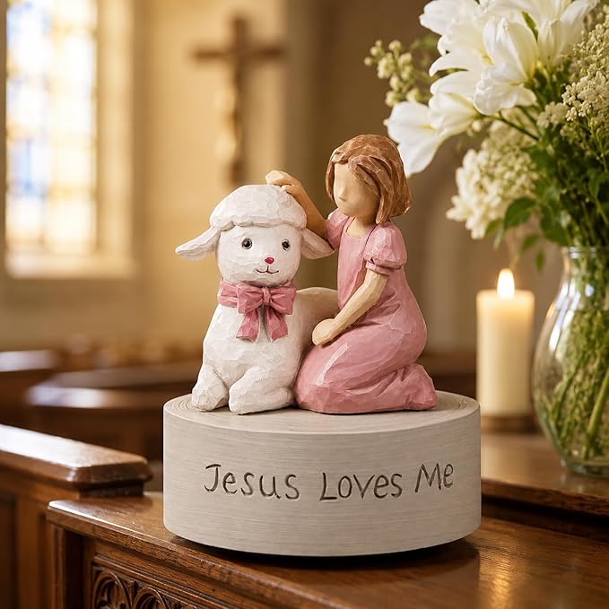 AIDLNS Jesus Loves Me Music Box, Christian Baptism Gift for Girls, Hand-Painted Lamb Figurine, Religious Keepsake for Christening, First Communion, Easter, Christmas, Granddaughter & Goddaughter Gift