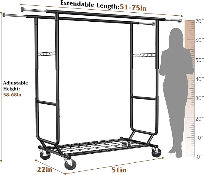 Raybee Clothes Rack Load 630LBS, Heavy Duty Clothes Rack, Rolling Clothing Racks for Hanging Clothes with Wheels, Adjustable & Commercial Garment Rack, 22" D x 75" W x 68" H, Black