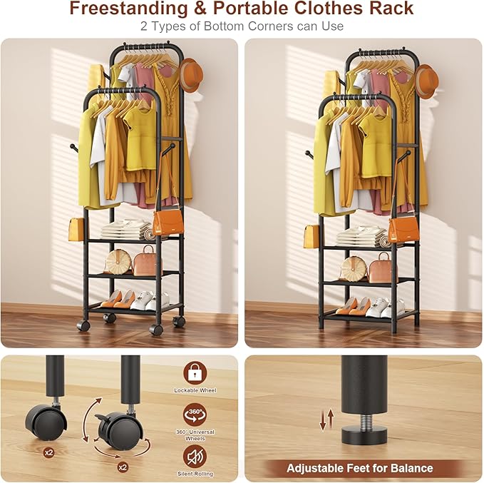 Furologee Clothing Racks for Hanging Clothes, Portable Rolling Garment Rack, Sturdy Metal Freestanding Clothes Rack with Wheels, Double Rods Wardrobe Racks for Bedroom Laundry Living Room