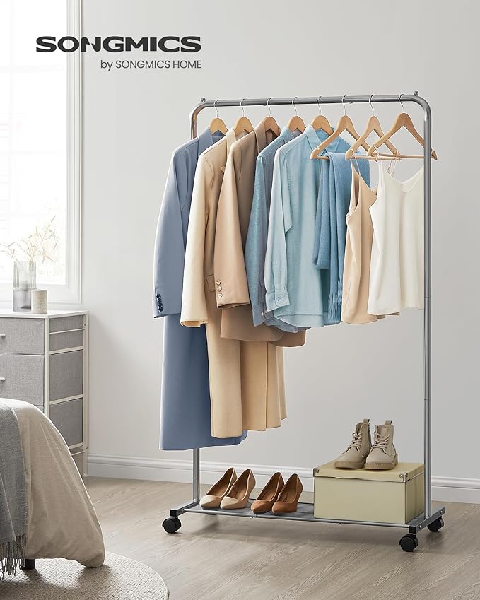 SONGMICS Clothes Rack with Wheels, Clothing Rack for Hanging Clothes, 25.4 mm Metal Garment Rack with Dense Mesh Storage Shelf, 110 lb Load Capacity, 2 Brakes, Gray UHSR025G01