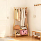 Bamboo Wooden Clothes Rack, Heavy Duty Garment Rack for Hanging Clothes, Freestanding Clothing Rack with 2 Tier Storage Shelves & Side Hooks for Living Room Bedroom Entryway