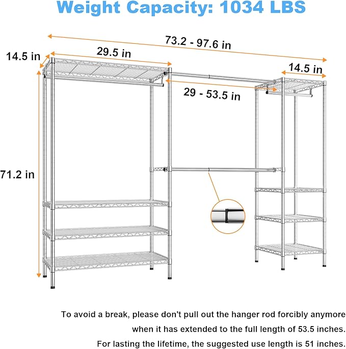 Ulif E11 Heavy-Duty Garment Rack, Metal Freestanding Clothes Rack and Closet Storage Organizer System with 8 Shelves and 4 Hanger Rods, (73.2-97.6)" W x 14.5" D x 71.2" H, Load 1034 LBS, Chrome